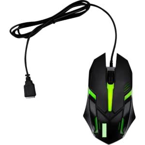 A black wired mouse with green accents and a sleek design, featuring a USB connector and a coiled cable.