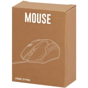A brown cardboard box containing a graphic illustration of a mouse, featuring a simple design and a logo.