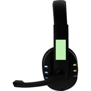 Black headphones featuring a microphone and vibrant coloured accents on the side. Includes a logo on the ear cup.