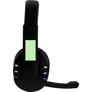 Black headphones with adjustable headband, a built-in microphone, and multicoloured light accents. Features a branding logo.