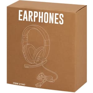 A brown box containing an illustration of a pair of headphones with a microphone and a cable.