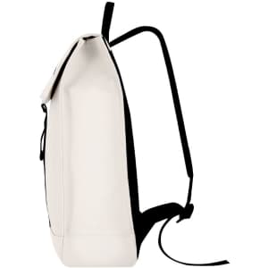 A white and black Teylok backpack with a sleek design and adjustable straps. It features a logo on one side.