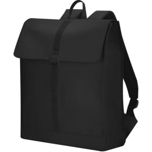 A sleek black backpack with a flap closure and adjustable straps, featuring a logo on the front.