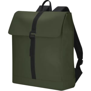 A green Teylok Backpack with a flap closure and adjustable black straps, featuring a branding logo.