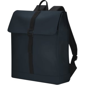 A navy blue backpack with a flap closure and adjustable straps. It features a logo on the front.