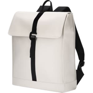 A white backpack with a black strap and shoulder straps, featuring a fold-over flap and minimalist design.