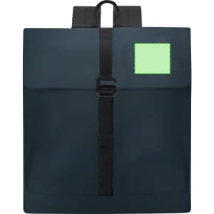 A dark navy backpack with a secure buckle closure and a blank square area on the front for custom branding.