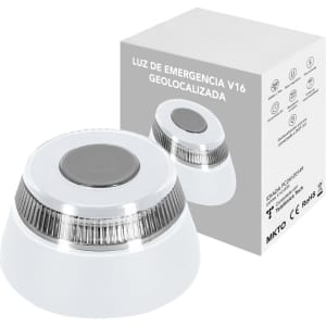A geolocated emergency light in white with a silver top, accompanied by a box featuring branding.