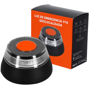 A geolocated emergency light in black and orange, packaged in a compact box with a logo.