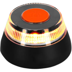 A geolocated emergency light in black with an orange top, featuring a bright light around the base.