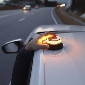 A geolocated emergency light with an orange glow, placed on a car roof, being activated by a hand.