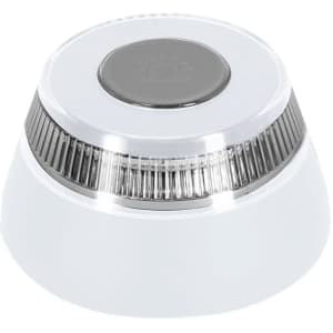 A white and silver geolocated emergency light with a rounded design and reflective surface. Includes a logo on top.