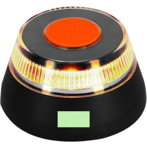 A black and orange emergency light with a clear top, featuring a branding logo and bright LED illumination.