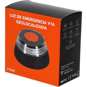 A black geolocated emergency light in a box with bright orange accents and a circular red button on top.
