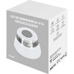 A white emergency light with a circular design, presented in a grey box featuring logos and branding.