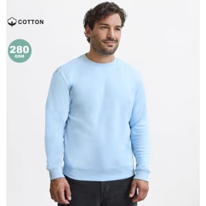 A light blue adult sweatshirt made of cotton, featuring a crew neck, long sleeves, and a logo.