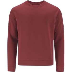 A red adult sweatshirt with a classic crew neck design and long sleeves. It features a logo.