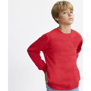 A red sweatshirt designed for kids, featuring a classic crew neck and long sleeves. The garment has a simple, solid design.