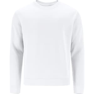 A white sweatshirt featuring long sleeves and a round neckline. It includes a branding logo.