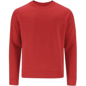 A red sweatshirt with a crew neck and long sleeves, featuring a plain design and a branding logo.
