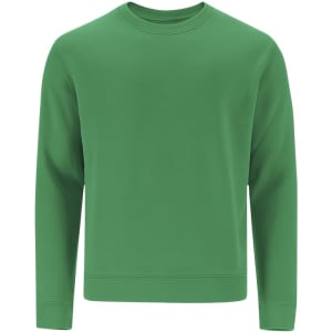 A green sweatshirt with a crew neck and long sleeves, featuring a logo on one side.