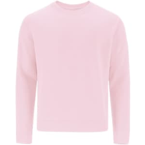 A pink sweatshirt with long sleeves and a crew neck design, featuring a logo.