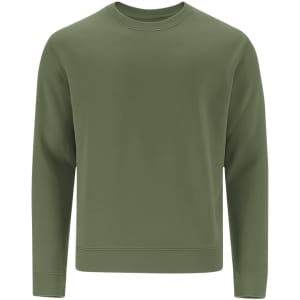 A green sweatshirt with long sleeves and a round neckline. It has a simple design and a logo on it.
