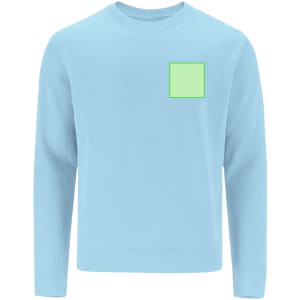 A light blue sweatshirt featuring a square green patch, with long sleeves and a rounded neckline.