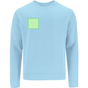 A light blue sweatshirt featuring a green square on the front and long sleeves. It has a simple design and a logo.