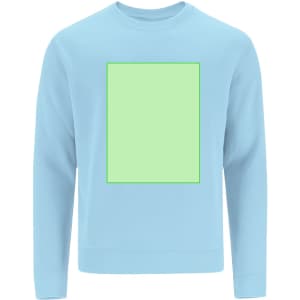 A light blue sweatshirt with a large green square design in the centre. It has a simple crew neck and long sleeves.