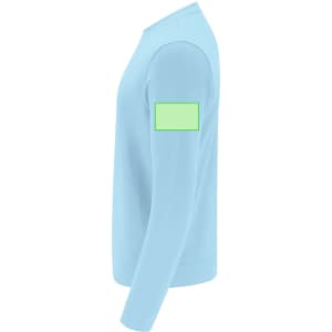 A light blue sweatshirt with a crew neck and a green rectangular patch on the arm.