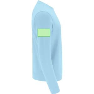 A light blue sweatshirt featuring long sleeves and a blank square patch on the arm.