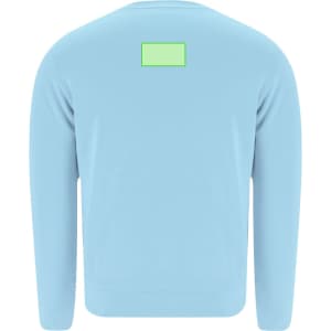 A light blue sweatshirt with long sleeves and a rectangular patch on the back. It features a logo.