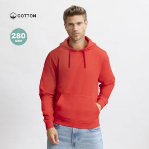A red hoodie with a kangaroo pocket and drawstrings, made from cotton. Features a logo on the left side.