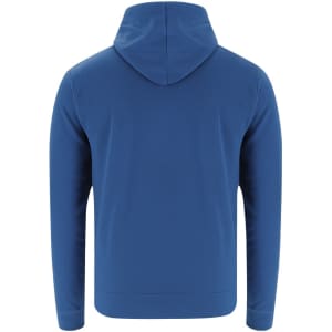 A blue adult sweatshirt featuring a hood and long sleeves, with a plain back design and a logo.