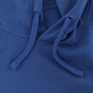 A blue sweatshirt featuring a hood and drawstrings, showcasing a smooth fabric texture.