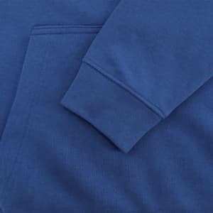 A blue adult sweatshirt featuring a pocket and a cuffed sleeve. The fabric has a textured finish.