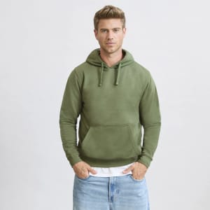 A green adult sweatshirt with a hood and front pocket, worn by a man. It features a simple design.