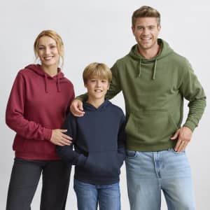 A group of three people wearing hoodies in burgundy, navy, and olive green. The hoodies have a front pocket and hoods.