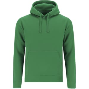 A green adult sweatshirt with a hood and a front pocket, featuring a logo.
