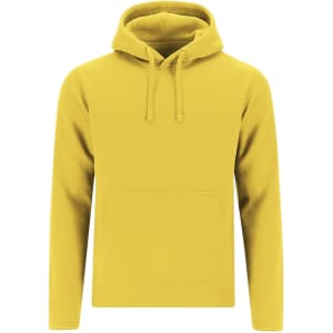 A yellow adult sweatshirt with a hood and a front pocket. Features a logo on the chest.