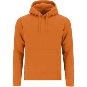 An orange adult sweatshirt featuring a hood and a front pocket. It includes a logo.