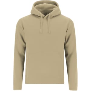A beige adult sweatshirt with a hood and front kangaroo pocket, featuring a logo.