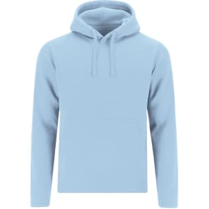 A light blue adult sweatshirt with a hood and a front pocket, featuring branding.