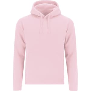 A pink hoodie with a front pocket and a drawstring hood, featuring a logo.
