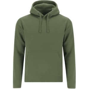 A green adult sweatshirt with a hood and front pocket, featuring a logo on the chest area.