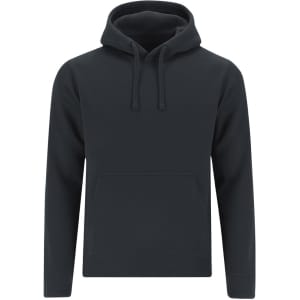 A dark navy sweatshirt with a hood and front pocket, featuring a logo. Perfect for casual wear.