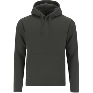 A dark green adult sweatshirt with a front pocket and a hood, featuring a logo on the front.