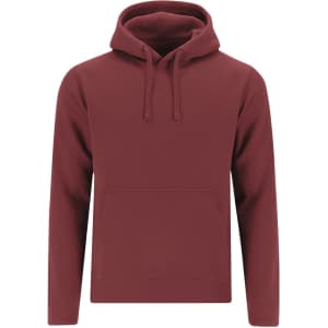 A maroon adult sweatshirt with a hood and a front pocket, featuring a logo. Suitable for casual wear.