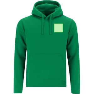 A green hoodie with a kangaroo pocket and hood, featuring a square area for branding.